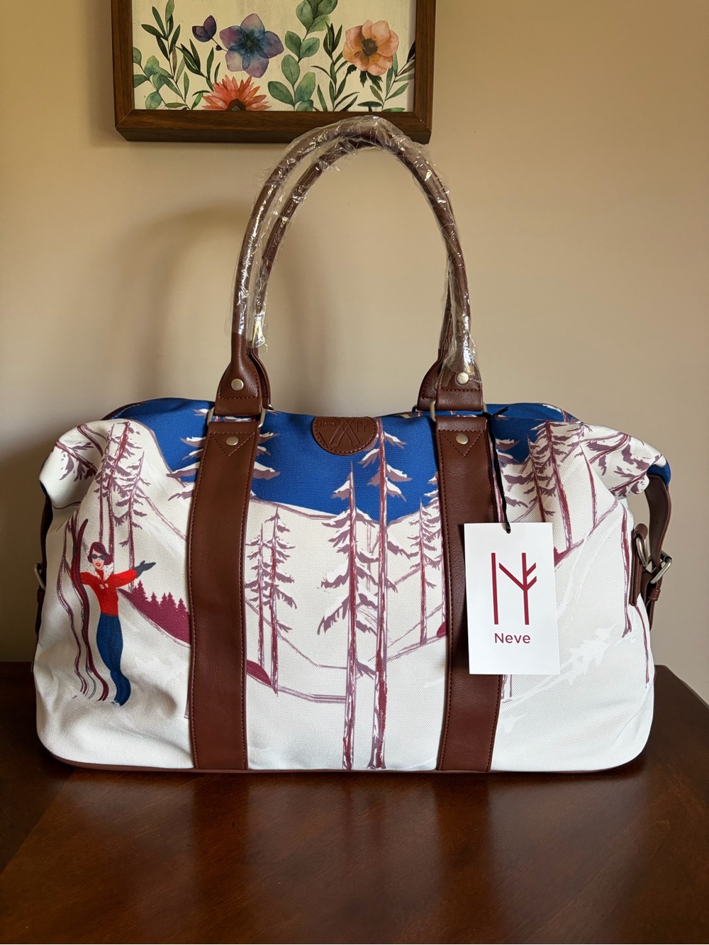 Neve Meribel Scenic Ski Canvas Travel Weekender - Cobalt, Cream & Brown accents